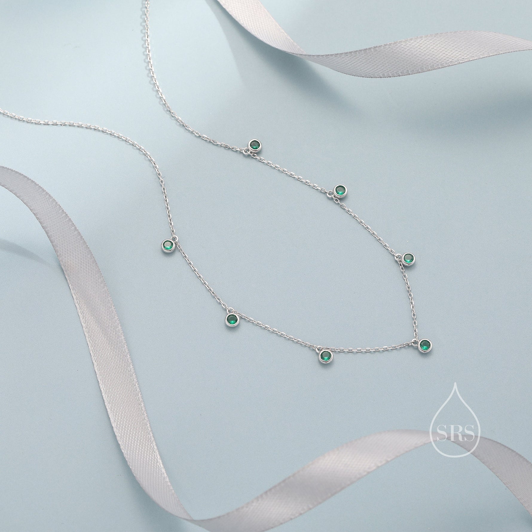 Emerald Green CZ Dangle Necklace in Sterling Silver, Silver or Gold or Rose Gold, Satellite Crystal Necklace, Solid Silver Motif Necklace