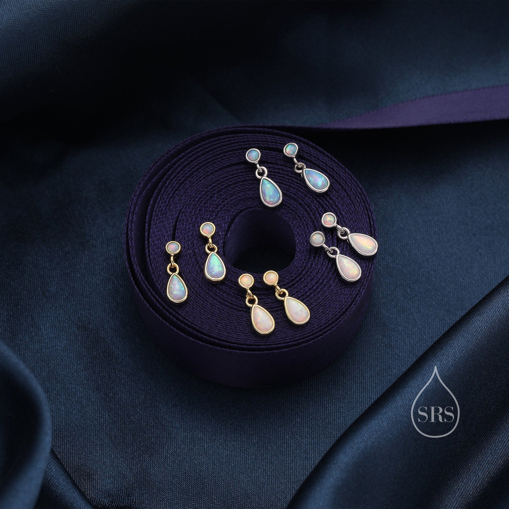 Tiny Opal Dangle Stud Earrings in Sterling Silver with Round and Droplet Opals, Silver or Gold, White Opal or Blue Opal