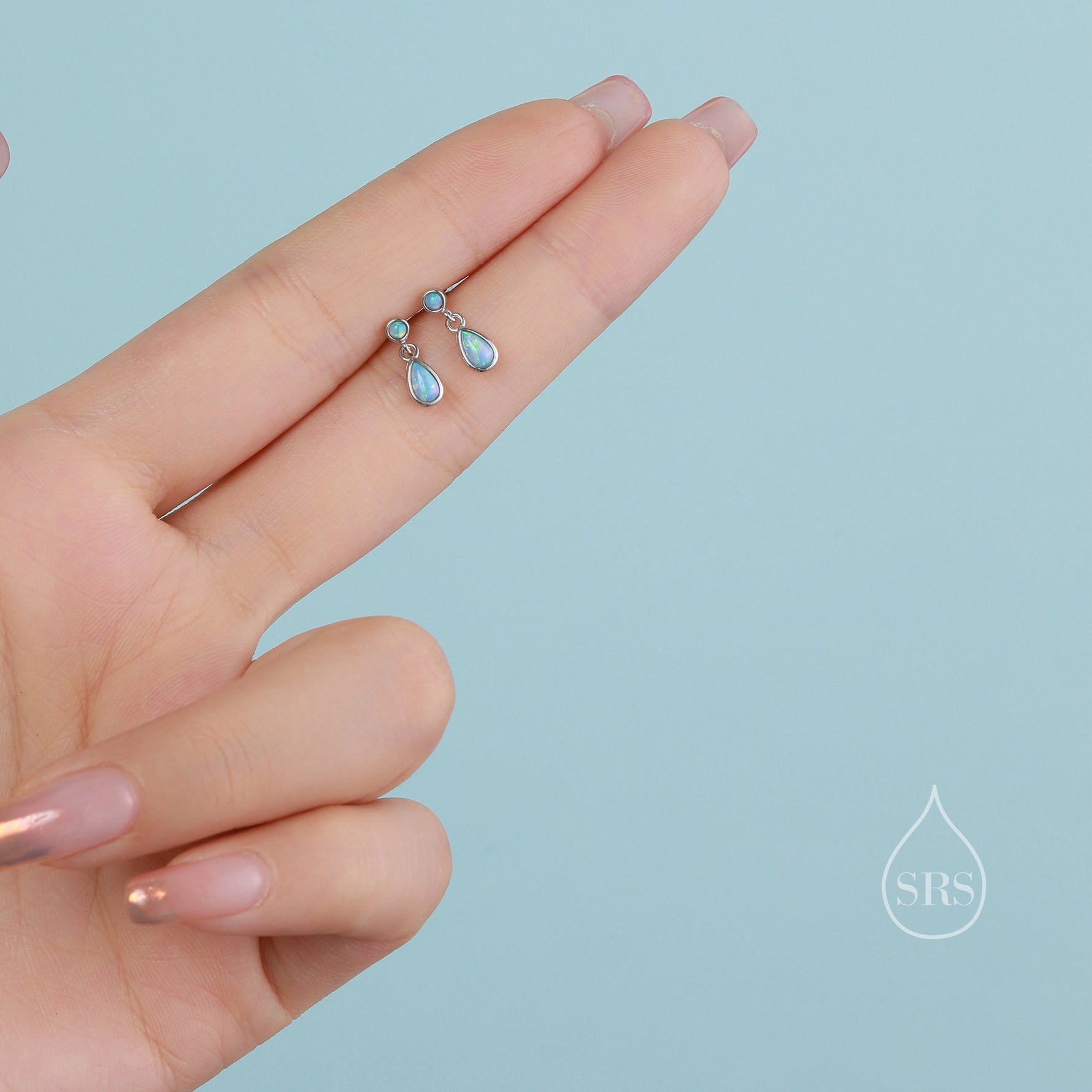 Tiny Opal Dangle Stud Earrings in Sterling Silver with Round and Droplet Opals, Silver or Gold, White Opal or Blue Opal