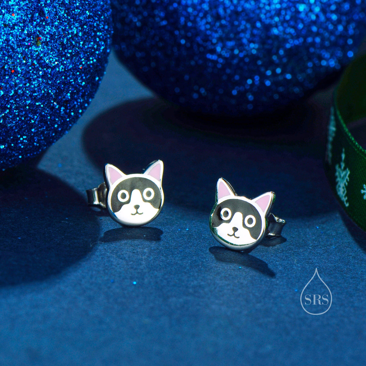 Sterling Silver Tuxedo Cat Enamel Stud Earrings, Silver Cat Earrings, Black and White Cat Earrings, Tiny Cat Stud, Cute Kitty Stud Earrings