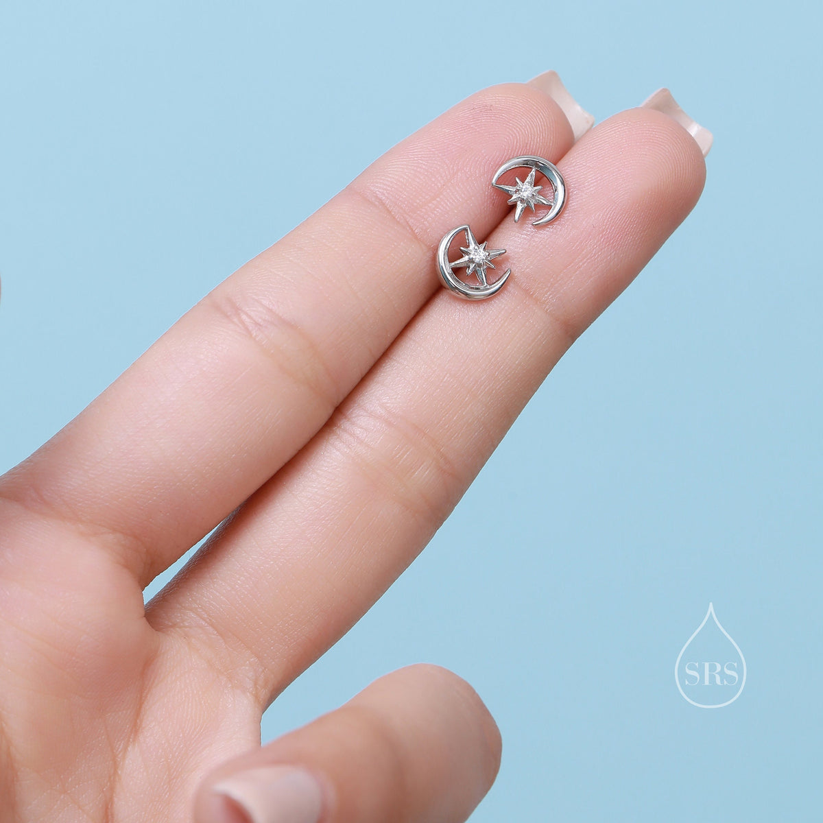 Delicate Moon and Star Stud Earrings in Sterling Silver, Silver, Gold or Rose Gold, Small Moon Earrings, Celestial Jewellery