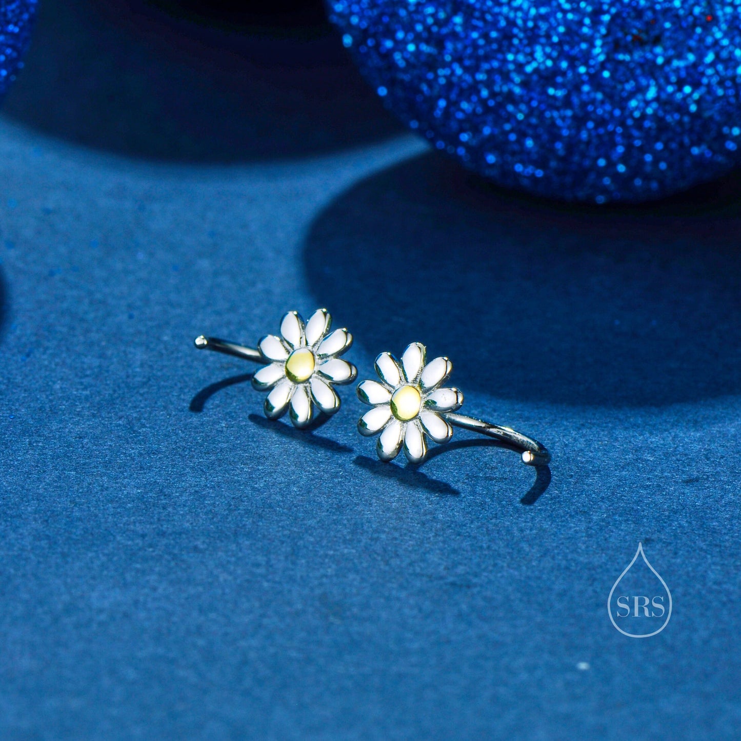 Flower Huggie Hoop Earrings in Sterling Silver, Curved Post Earrings, Open Hoops, Pull-Through Threader Earrings,