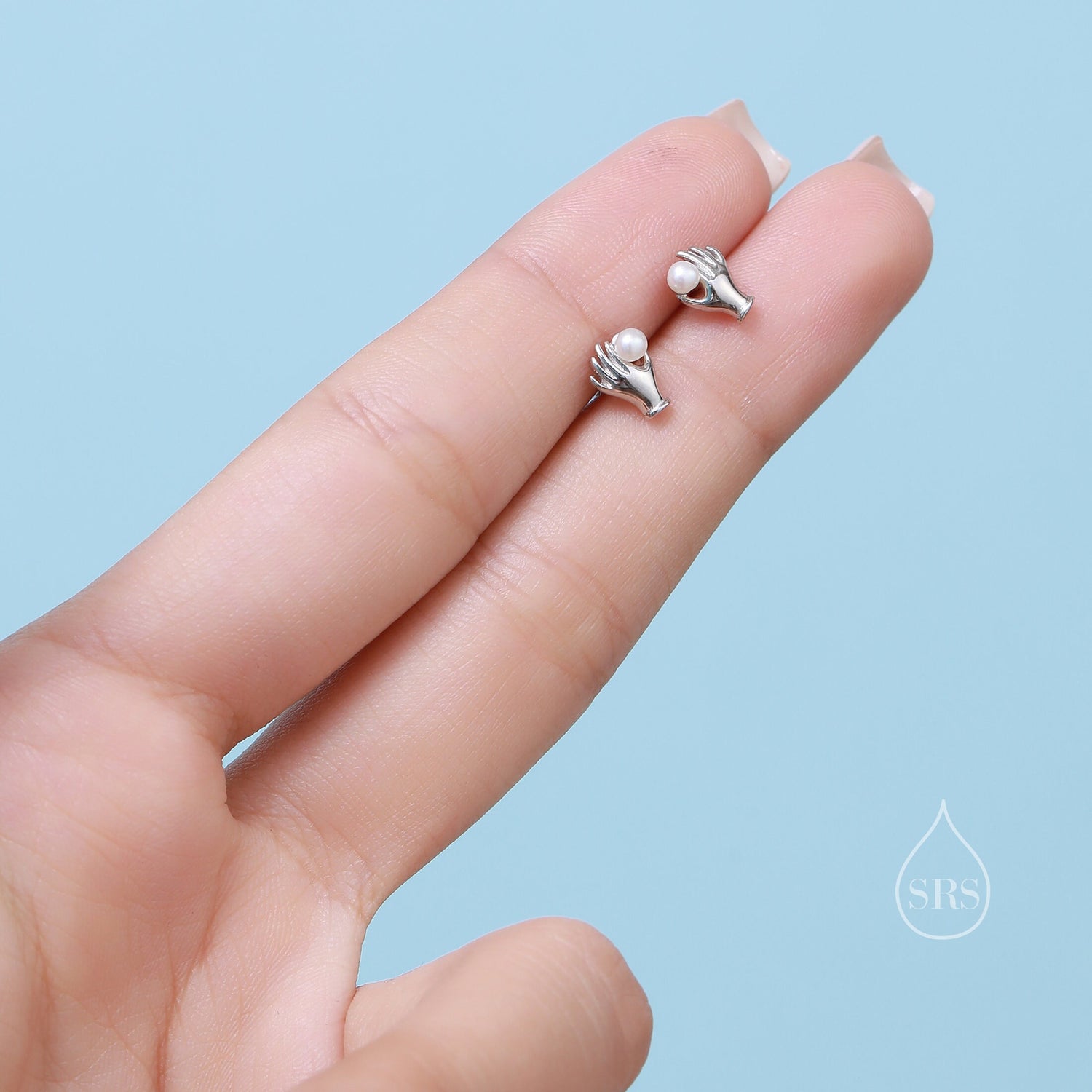 Vintage Inspired Hand Holding a Pearl Stud Earrings in Sterling Silver, Silver or Gold, with Natural Freshwater Pearls, Genuine Pearl