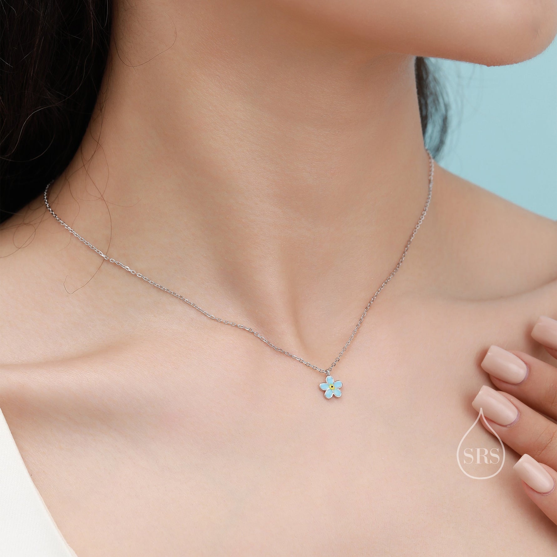 Sterling Silver Tiny Little Forget-me-not Flower Pendant Necklace, Flower Necklace, Forget-me-not Necklace, Forget me not Pendant Necklace