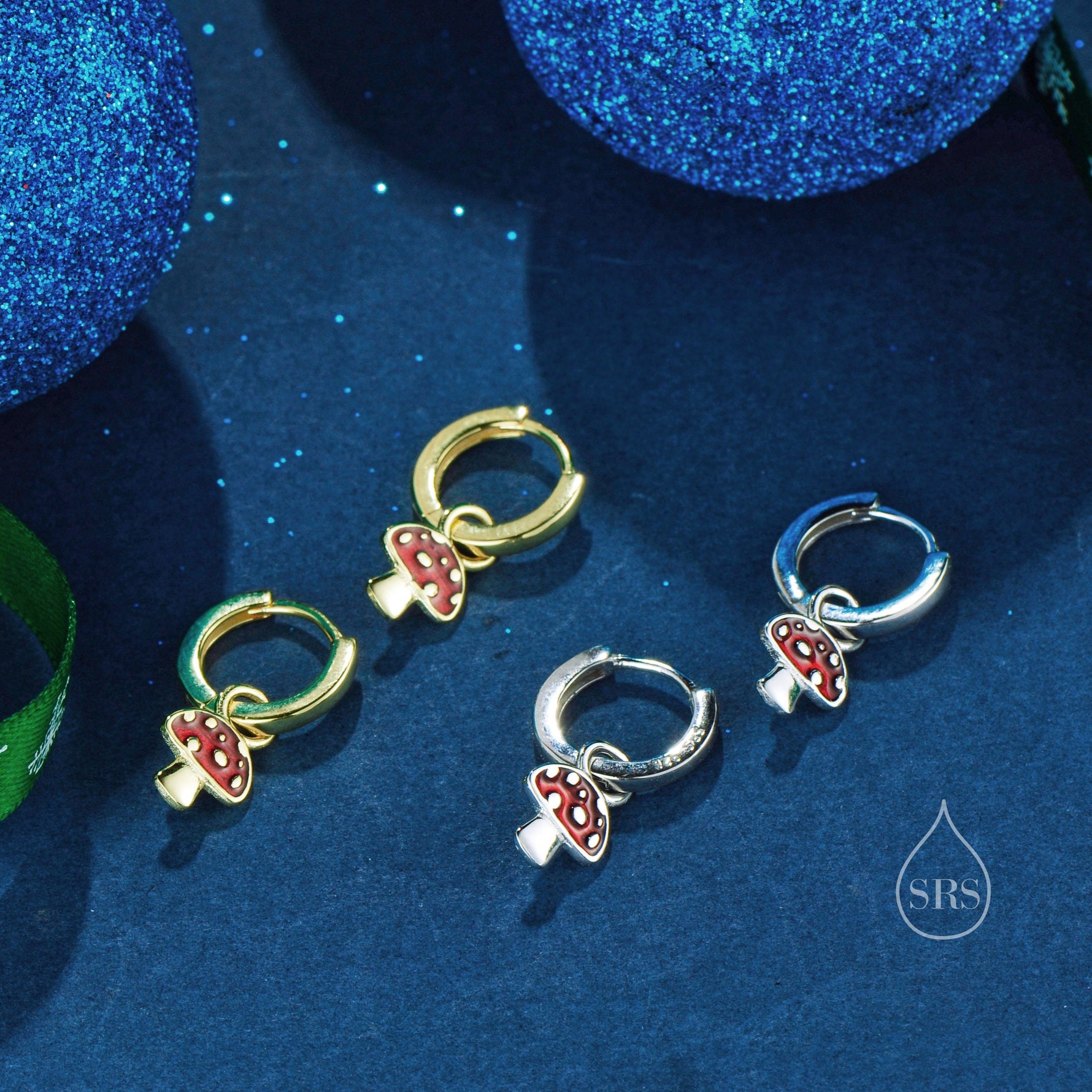 Dangling Mushroom Huggie Hoops in Sterling Silver, Silver or Gold , Mushroom Huggies, Mushroom Earrings, Detachable and Interchangeable