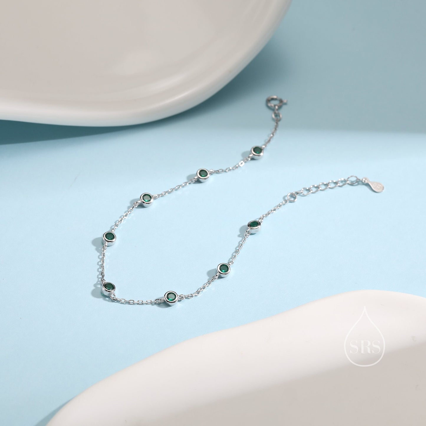 Emerald Green CZ Floating Bracelet or Anklet in Sterling Silver, Silver or Gold, Satellite Crystal Bracelet or Anklet, Solid Silver Bracelet