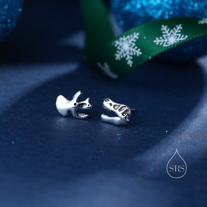Oxidised Finish Dinosaur Fossil Stud Earrings in Sterling Silver, T Rex or Triceratops Skull, Quirky Dino Stud, Asymmetric Dinosaur Earrings