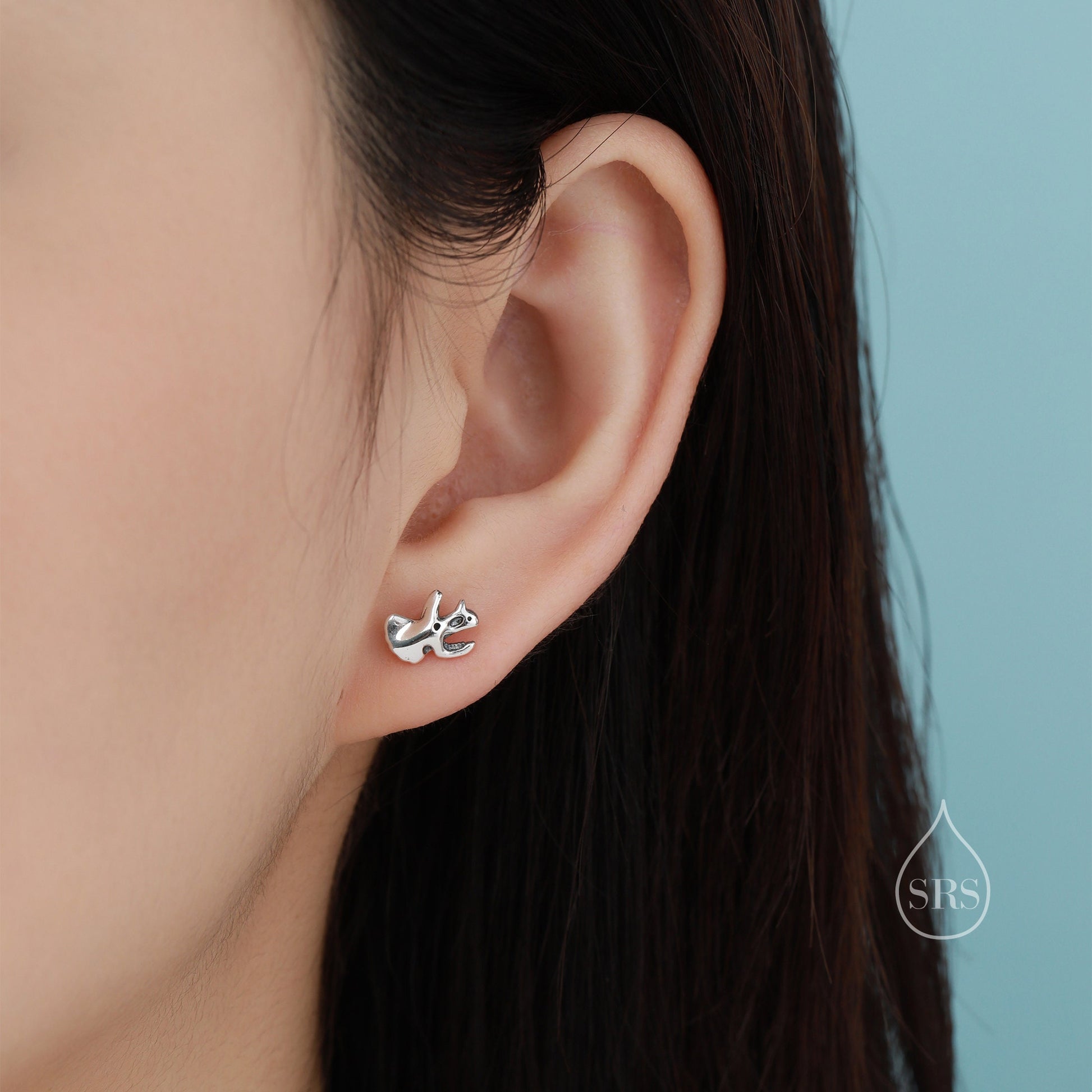 Oxidised Finish Dinosaur Fossil Stud Earrings in Sterling Silver, T Rex or Triceratops Skull, Quirky Dino Stud, Asymmetric Dinosaur Earrings