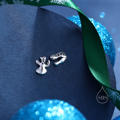 Oxidised Finish Dinosaur Fossil Stud Earrings in Sterling Silver, T Rex or Triceratops Skull, Quirky Dino Stud, Asymmetric Dinosaur Earrings