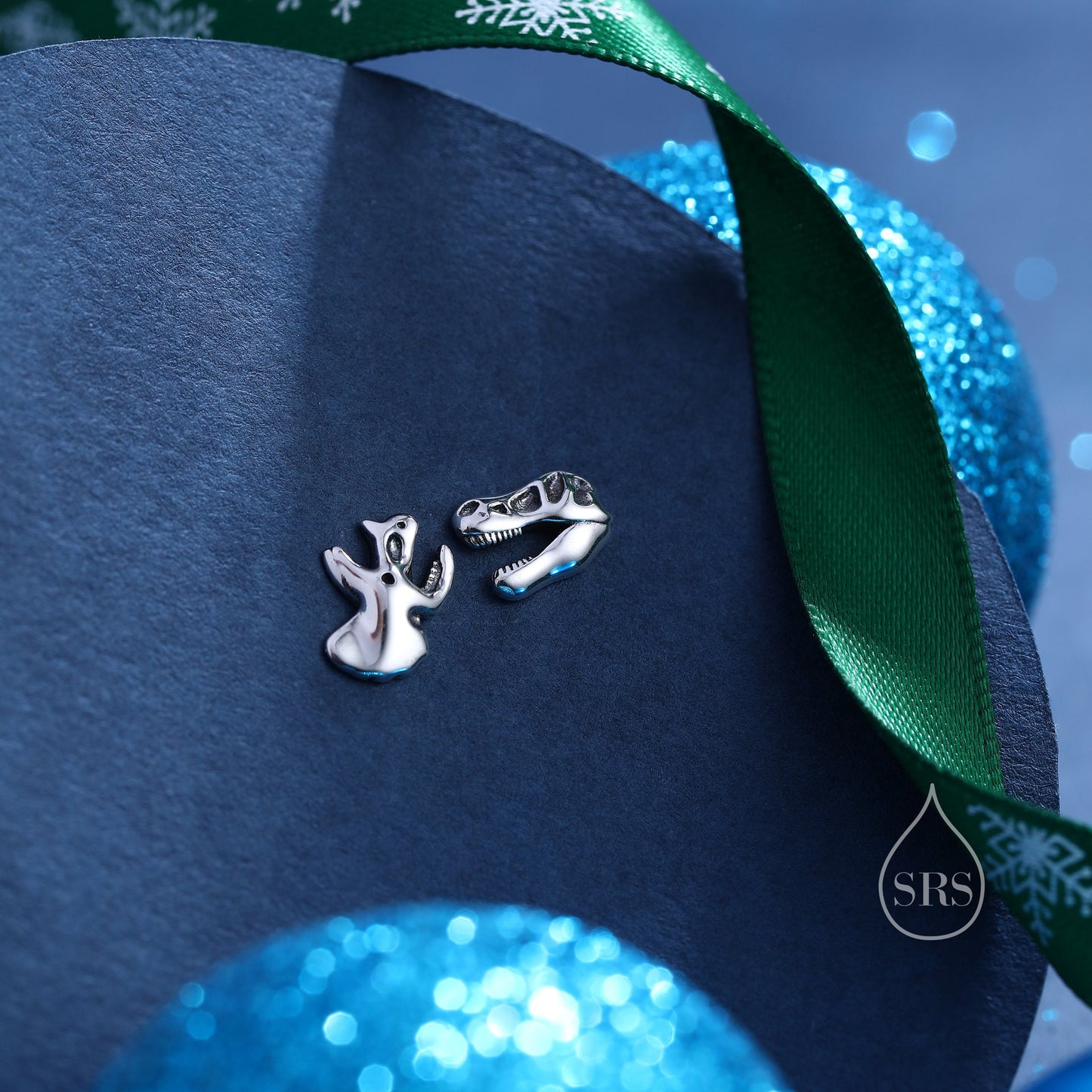 Oxidised Finish Dinosaur Fossil Stud Earrings in Sterling Silver, T Rex or Triceratops Skull, Quirky Dino Stud, Asymmetric Dinosaur Earrings