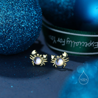 Moonstone Crab Stud Earrings in Sterling Silver, Opal Crab Earrings, Silver or Gold, Crab Earrings, Ocean Fish Crab Earrings