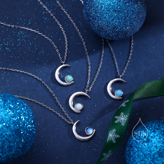 Crescent Moon Pendant Necklace in Sterling Silver with Opal or Moonstone, Silver or Gold, Moon Necklace, Celestial Jewellery