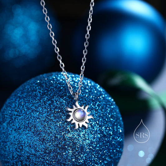 Tiny Moonstone Sun Pendant Necklace in Sterling Silver, Sun Necklace, Extra Tiny Sun Necklace, Lab Moonstone Sun Pendant, Celestial Jewelry