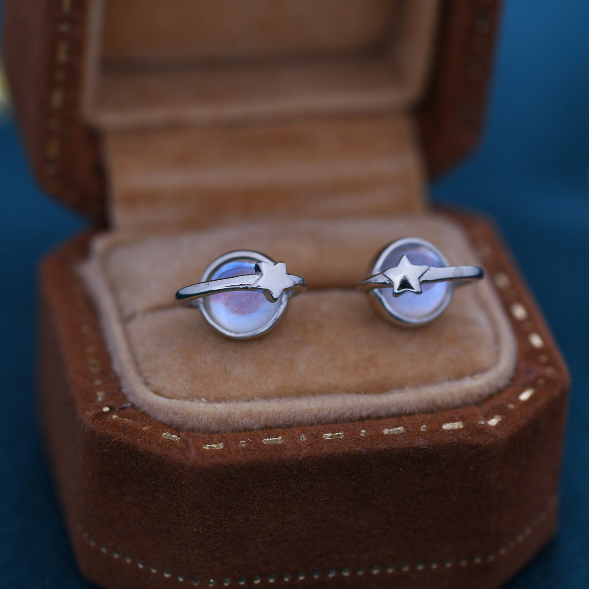 Little Planet Stud Earrings in Sterling Silver with Simulated Moonstone, Moonstone Planet Earrings, Moonstone Planet Stud, Saturn Earrings