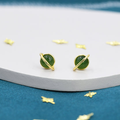 Genuine Jade Crystal Planet Stud Earrings in Sterling Silver, Green Jade Planet Earrings, Jade Saturn Earrings