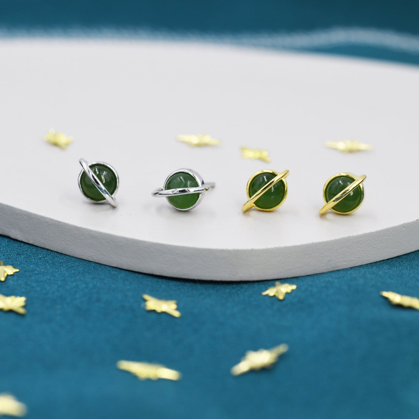 Genuine Jade Crystal Planet Stud Earrings in Sterling Silver, Green Jade Planet Earrings, Jade Saturn Earrings