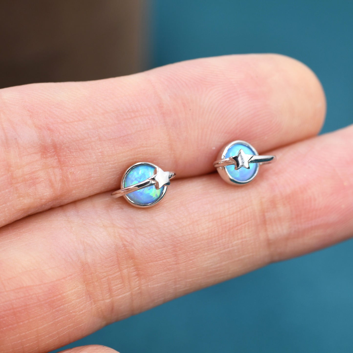 Blue Opal Planet Stud Earrings in Sterling Silver, Lab Opal Planet Earrings, Fire Opal Saturn Earrings