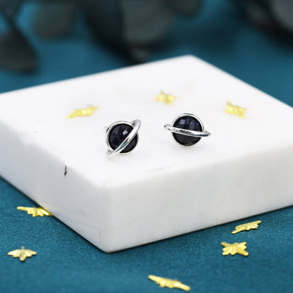 Genuine Blue Sandstone Planet Stud Earrings in Sterling Silver, Blue Goldstone Planet Earrings, Blue Saturn Earrings