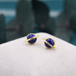 Genuine Blue Lapis Lazuli Planet Stud Earrings in Sterling Silver, Blue Lapis Planet Earrings, Blue Saturn Earrings