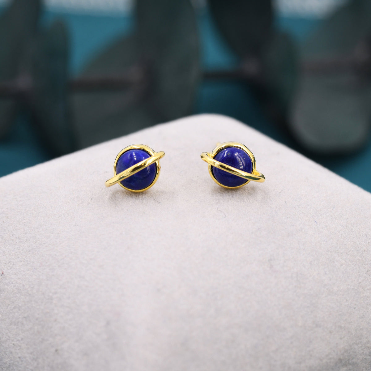 Genuine Blue Lapis Lazuli Planet Stud Earrings in Sterling Silver, Blue Lapis Planet Earrings, Blue Saturn Earrings