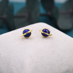 Genuine Blue Lapis Lazuli Planet Stud Earrings in Sterling Silver, Blue Lapis Planet Earrings, Blue Saturn Earrings