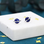 Genuine Blue Lapis Lazuli Planet Stud Earrings in Sterling Silver, Blue Lapis Planet Earrings, Blue Saturn Earrings