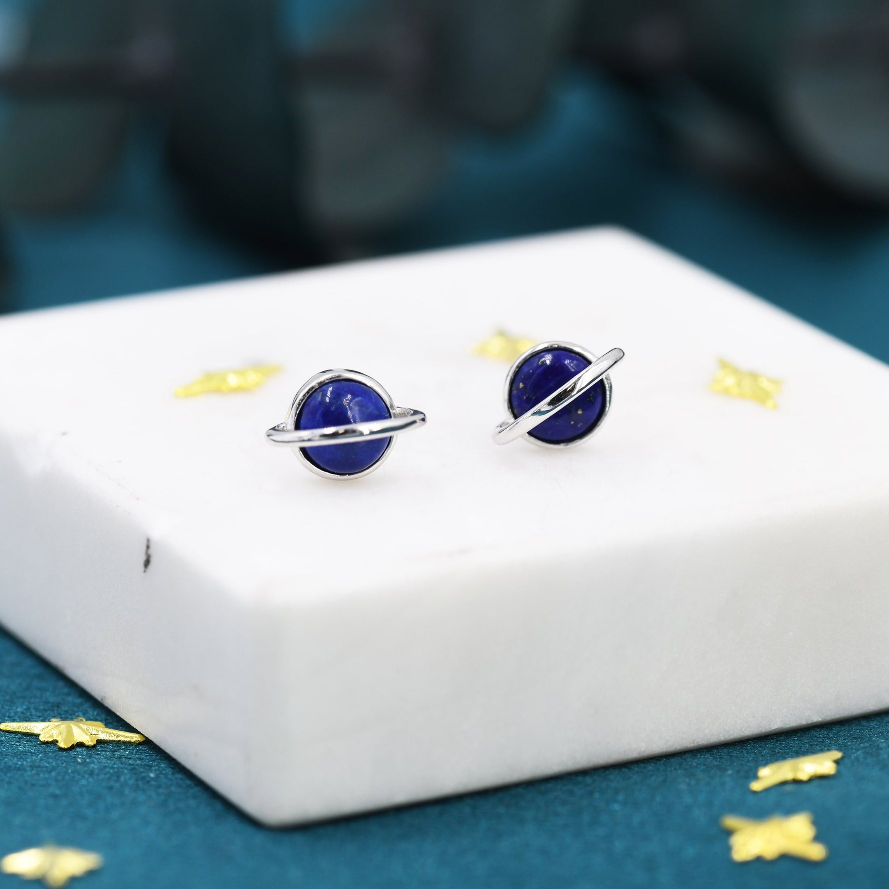 Genuine Blue Lapis Lazuli Planet Stud Earrings in Sterling Silver, Blue Lapis Planet Earrings, Blue Saturn Earrings