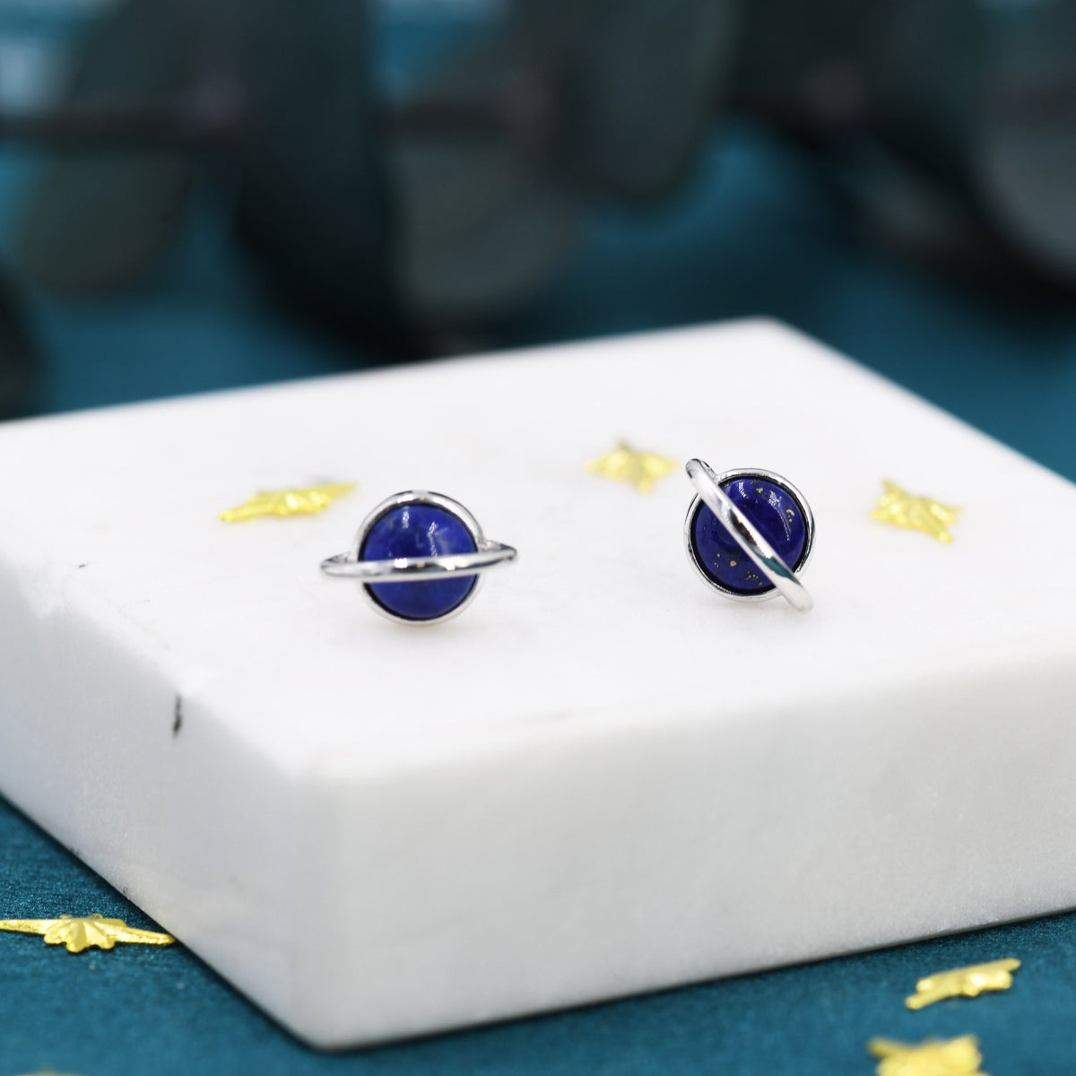 Genuine Blue Lapis Lazuli Planet Stud Earrings in Sterling Silver, Blue Lapis Planet Earrings, Blue Saturn Earrings