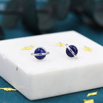 Genuine Blue Lapis Lazuli Planet Stud Earrings in Sterling Silver, Blue Lapis Planet Earrings, Blue Saturn Earrings