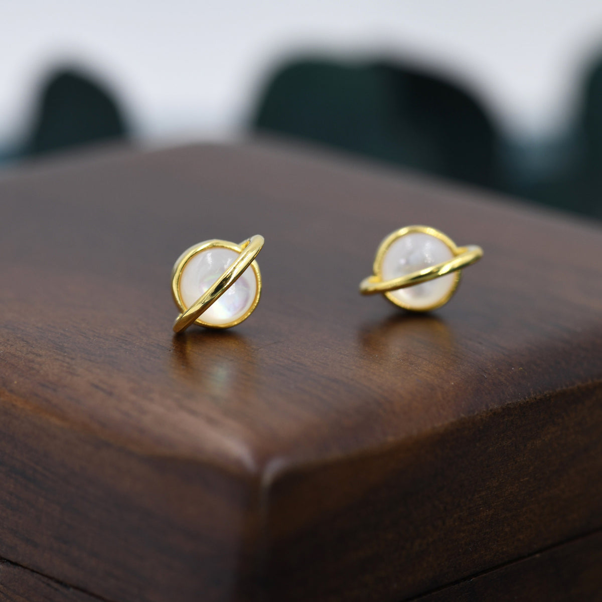 Genuine Mother of Pearl Planet Stud Earrings in Sterling Silver, Mother of Pearl Planet Earrings, Opal Saturn Earrings