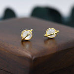 Genuine Mother of Pearl Planet Stud Earrings in Sterling Silver, Mother of Pearl Planet Earrings, Opal Saturn Earrings