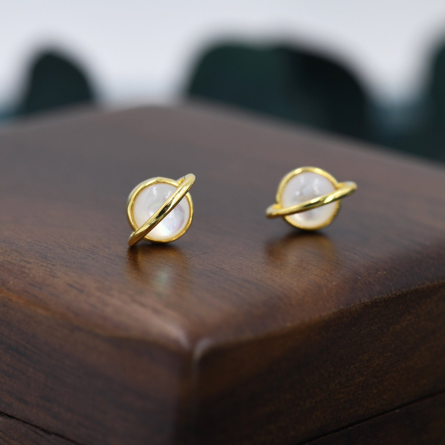 Genuine Mother of Pearl Planet Stud Earrings in Sterling Silver, Mother of Pearl Planet Earrings, Opal Saturn Earrings
