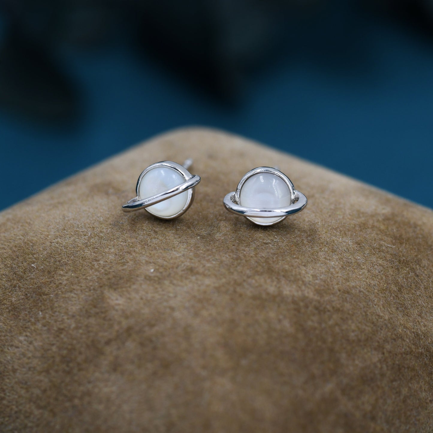 Genuine Mother of Pearl Planet Stud Earrings in Sterling Silver,  Mother of Pearl Planet Earrings, Opal Saturn Earrings