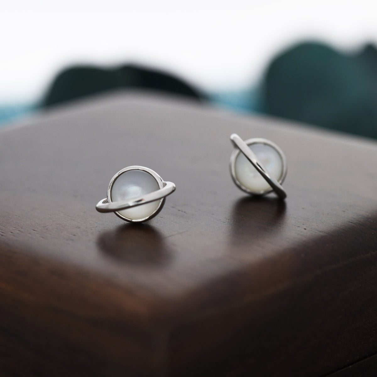 Genuine Mother of Pearl Planet Stud Earrings in Sterling Silver, Mother of Pearl Planet Earrings, Opal Saturn Earrings