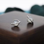 Genuine Mother of Pearl Planet Stud Earrings in Sterling Silver, Mother of Pearl Planet Earrings, Opal Saturn Earrings
