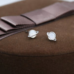 Genuine Mother of Pearl Planet Stud Earrings in Sterling Silver, Mother of Pearl Planet Earrings, Opal Saturn Earrings