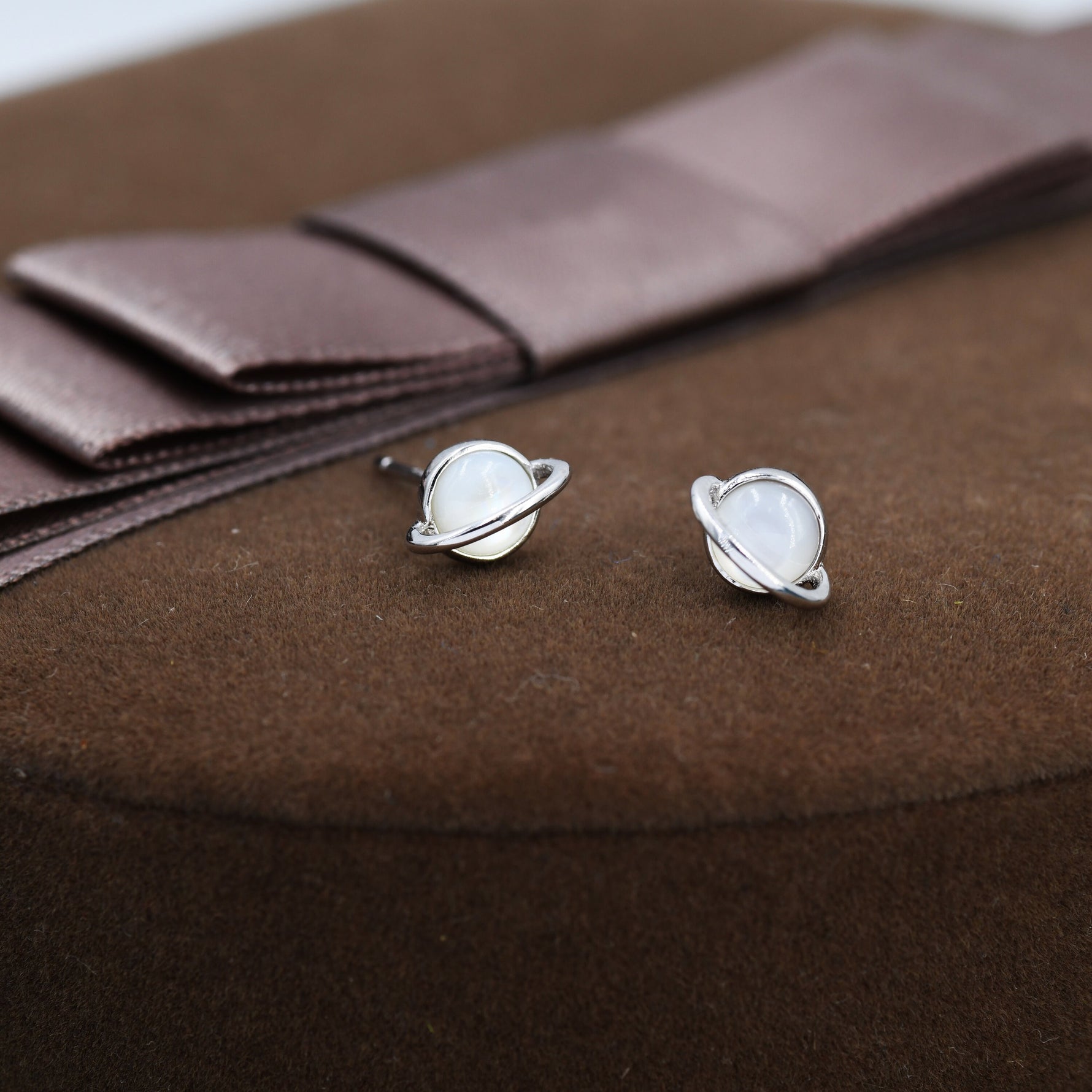 Genuine Mother of Pearl Planet Stud Earrings in Sterling Silver, Mother of Pearl Planet Earrings, Opal Saturn Earrings