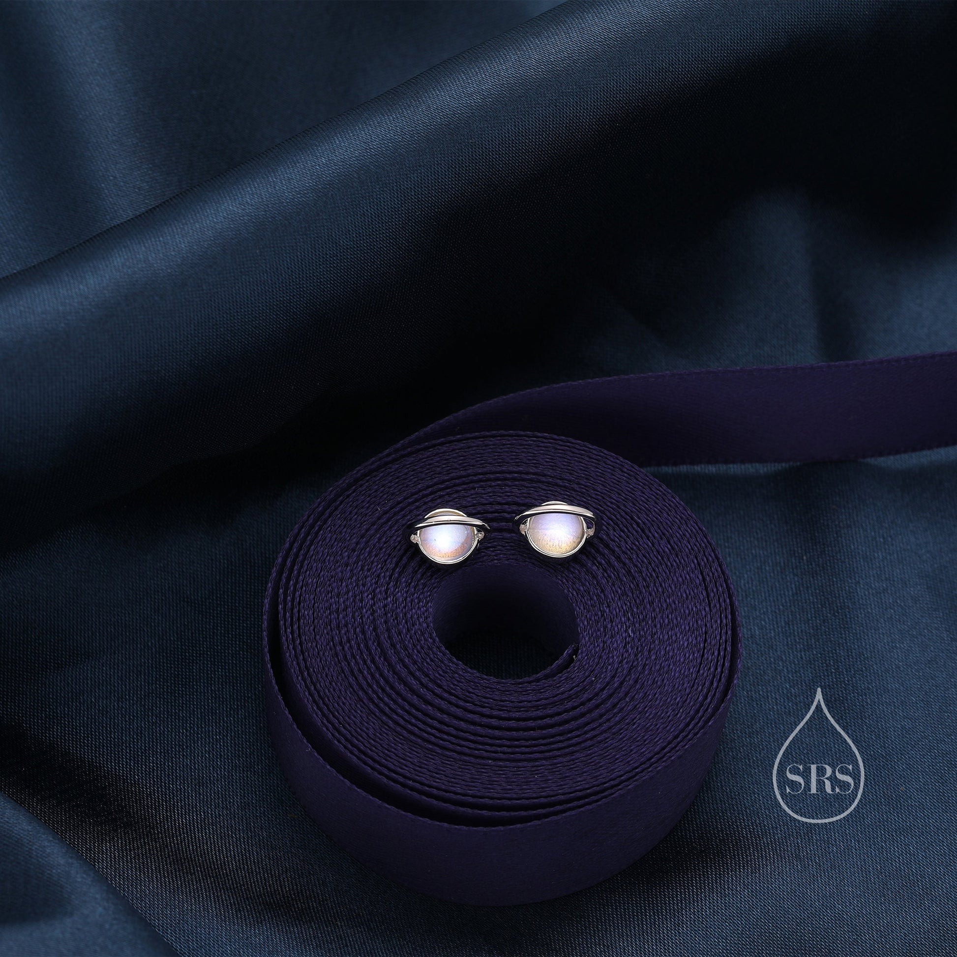 Moonstone Planet Stud Earrings in Sterling Silver, Lab Moonstone Planet Earrings, Opal Saturn Earrings