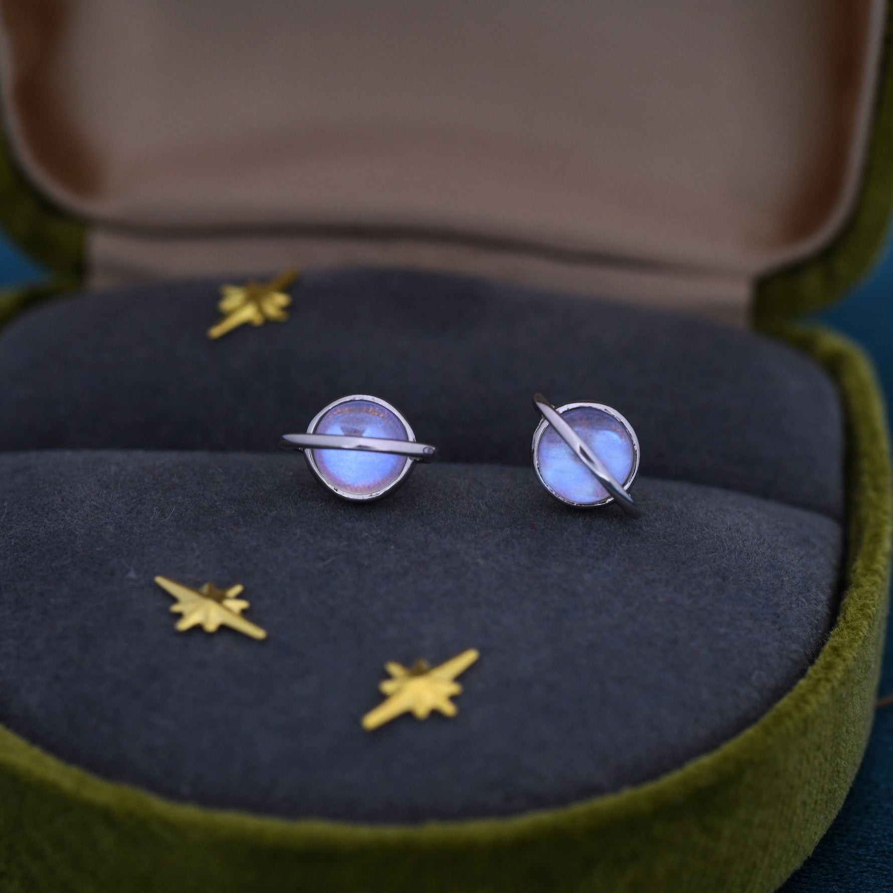 Moonstone Planet Stud Earrings in Sterling Silver, Lab Moonstone Planet Earrings, Opal Saturn Earrings