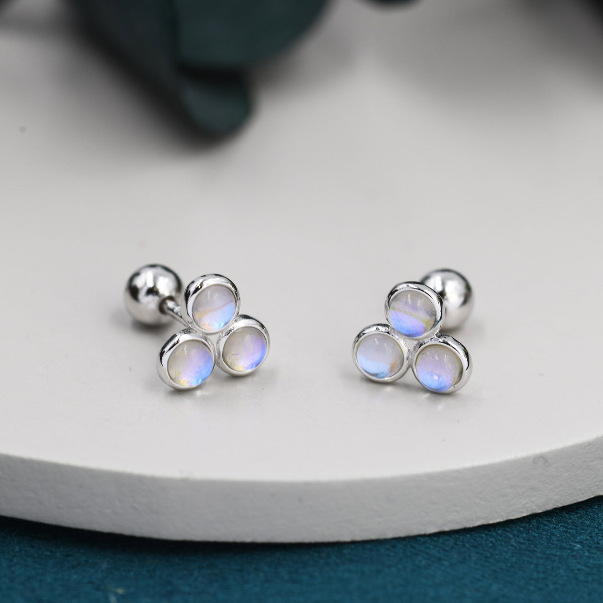 Moonstone Trio Screw back Earrings in Sterling Silver, Moonstone Trinity Earrings, Screwback Barbell, Simulated Moonstone Earrings