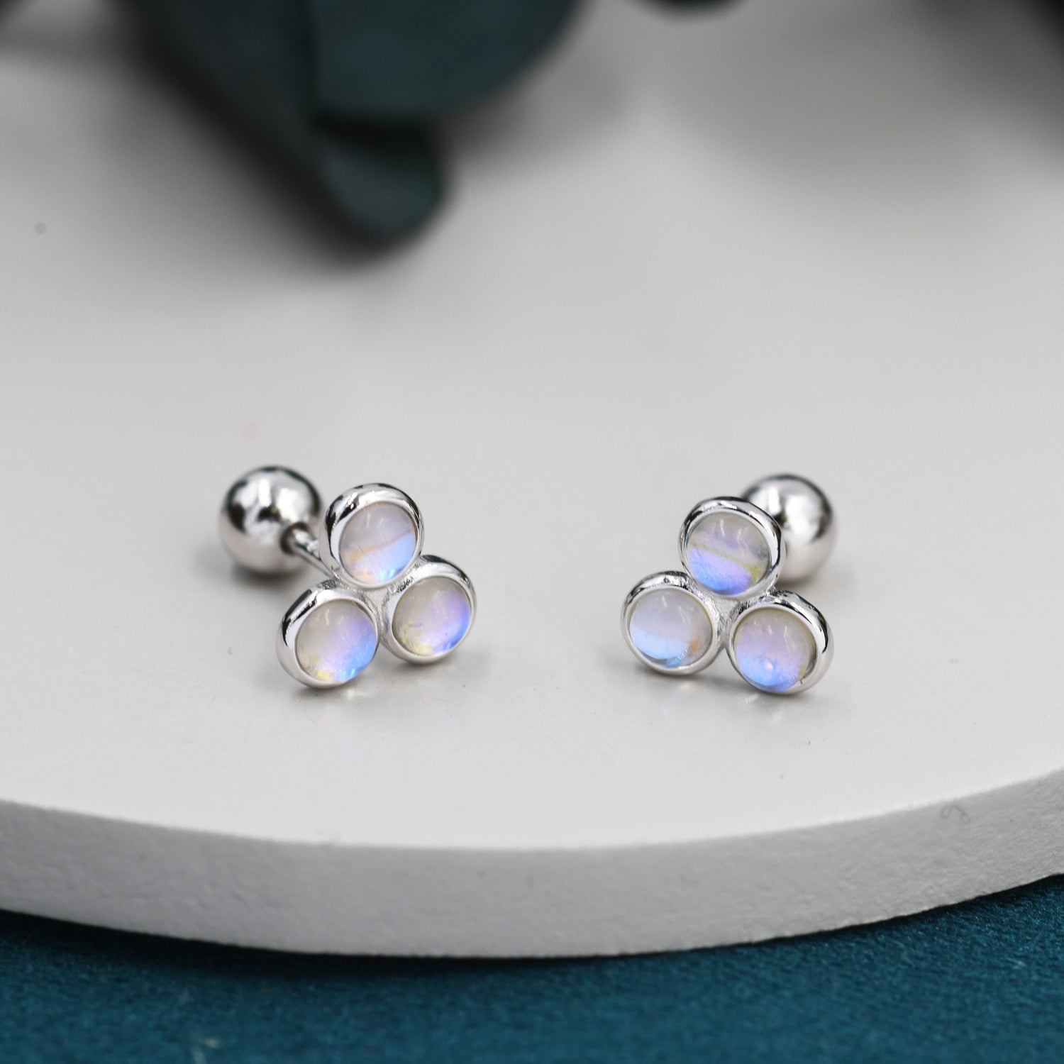 Moonstone Trio Screw back Earrings in Sterling Silver, Moonstone Trinity Earrings, Screwback Barbell, Simulated Moonstone Earrings