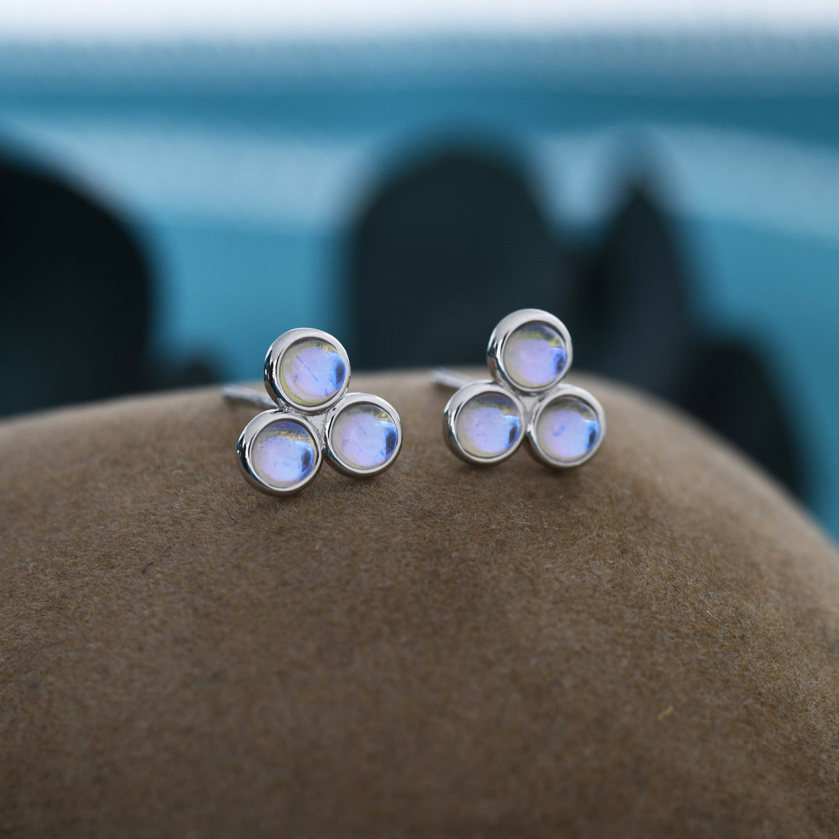 Moonstone Trio Screw back Earrings in Sterling Silver, Moonstone Trinity Earrings, Screwback Barbell, Simulated Moonstone Earrings