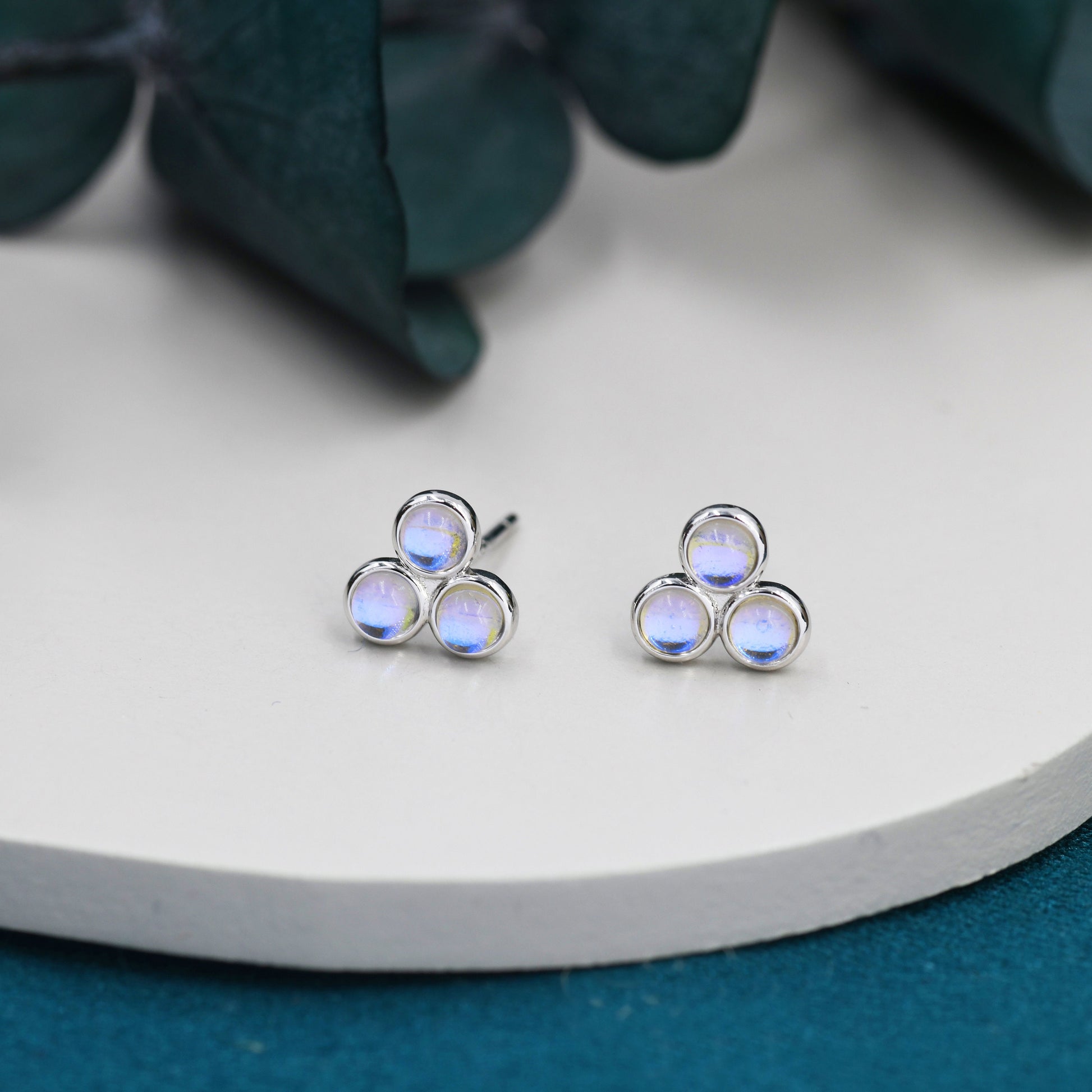 Moonstone Trio Stud Earrings in Sterling Silver, Moonstone Trinity Earrings, Simulated Moonstone Earrings, Trefoil Three