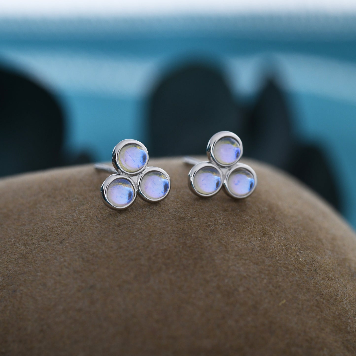 Moonstone Trio Stud Earrings in Sterling Silver, Moonstone Trinity Earrings, Simulated Moonstone Earrings, Trefoil Three