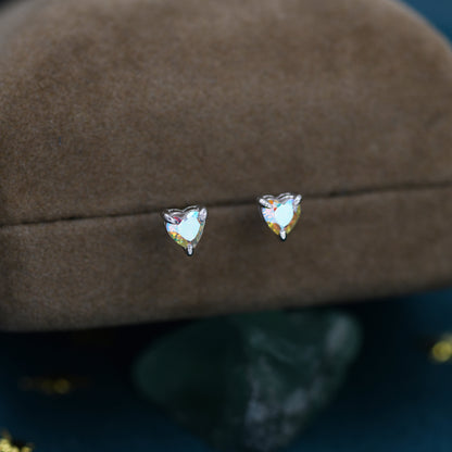 Aurora Borealis Heart Stud Earrings in Sterling Silver, Available in Three Sizes, AB CZ Heart Earrings, Aurora Colour Changing Heart Earring