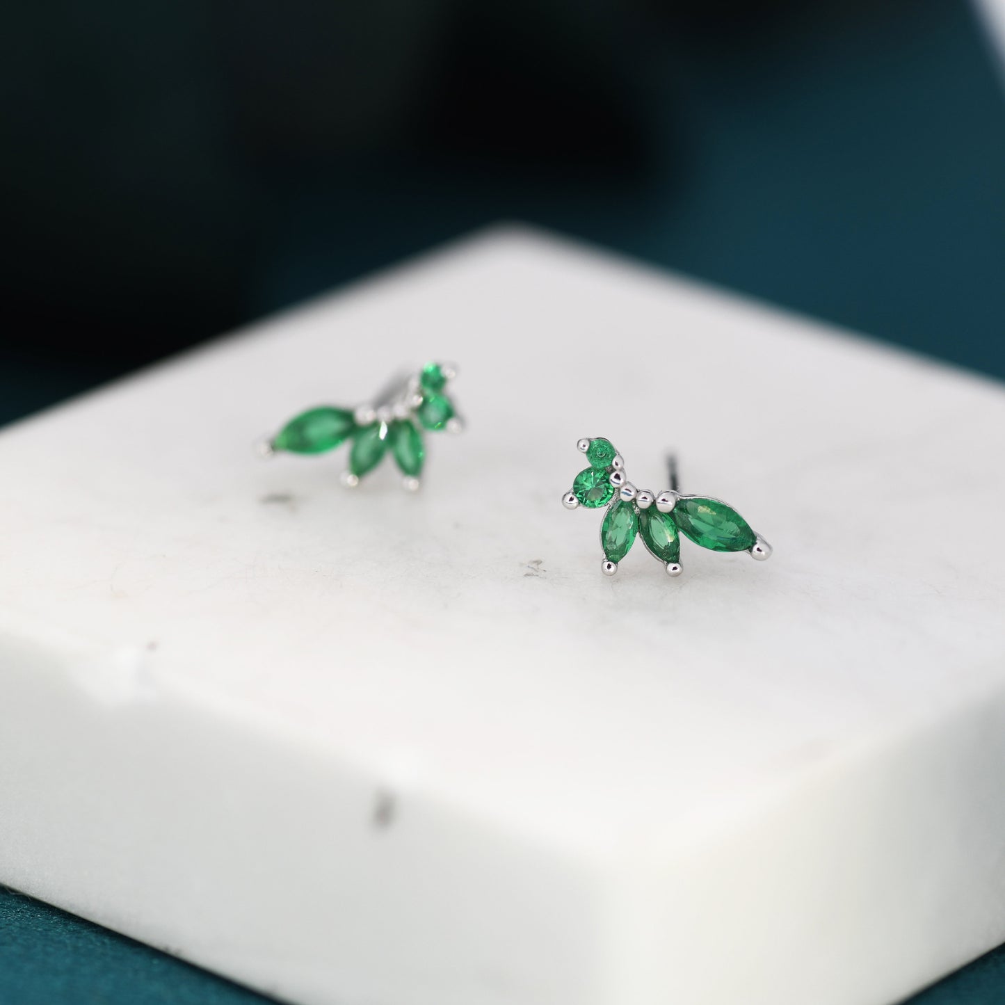 Emerald Green CZ Marquise Cluster Stud Earrings in Sterling Silver, Silver or Gold, Marquise Earrings, CZ Wing Earrings, Mini Crawler