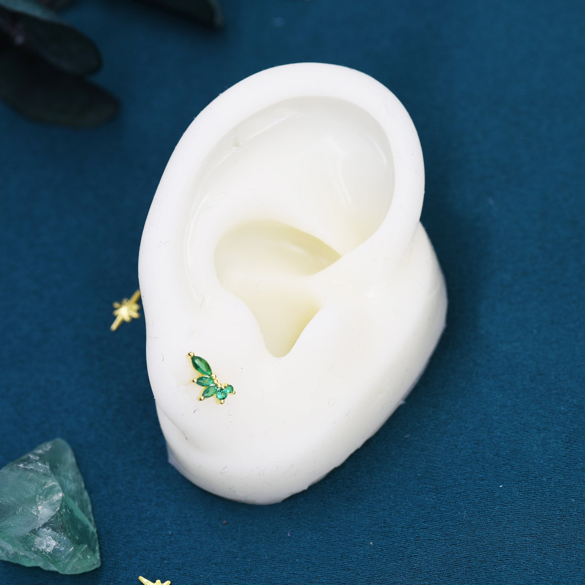 Emerald Green CZ Marquise Cluster Stud Earrings in Sterling Silver, Silver or Gold, Marquise Earrings, CZ Wing Earrings, Mini Crawler