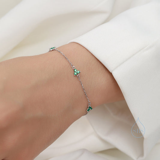 Tiny CZ Trio Bracelet in Sterling Silver, Silver or Gold , Tiny trefoil Emerald Green and clear Bracelet, CZ Three Crystal Bracelet