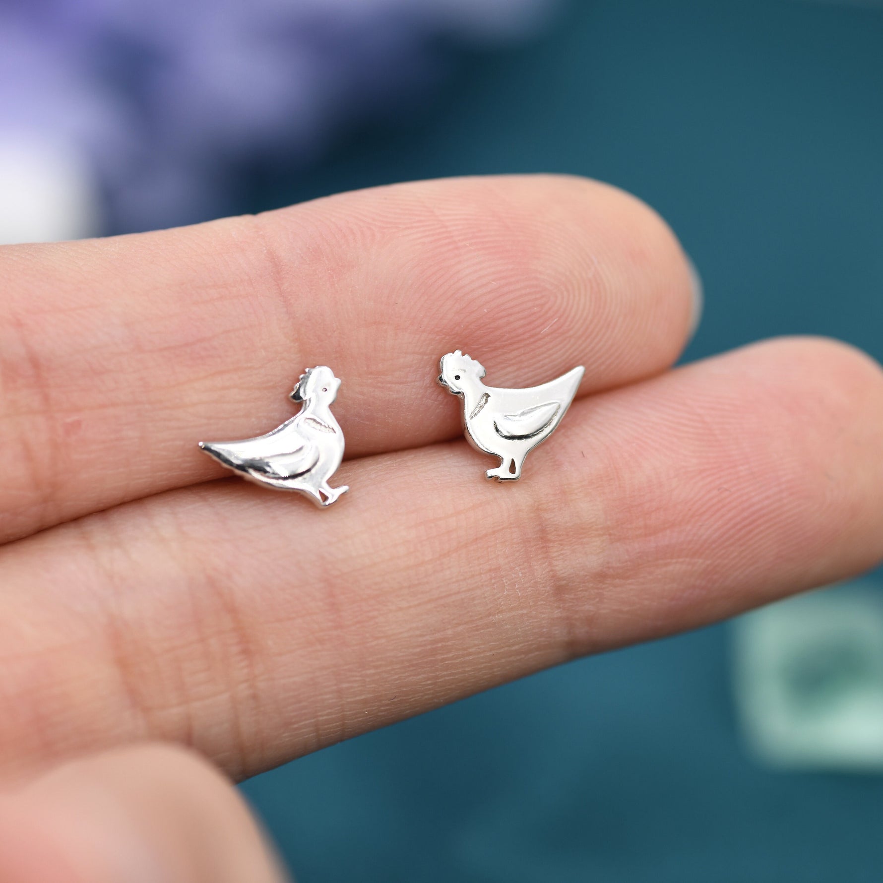 Chicken Stud Earrings in Sterling Silver, Nature Inspired Bird Earrings, Farm Animal Earrings