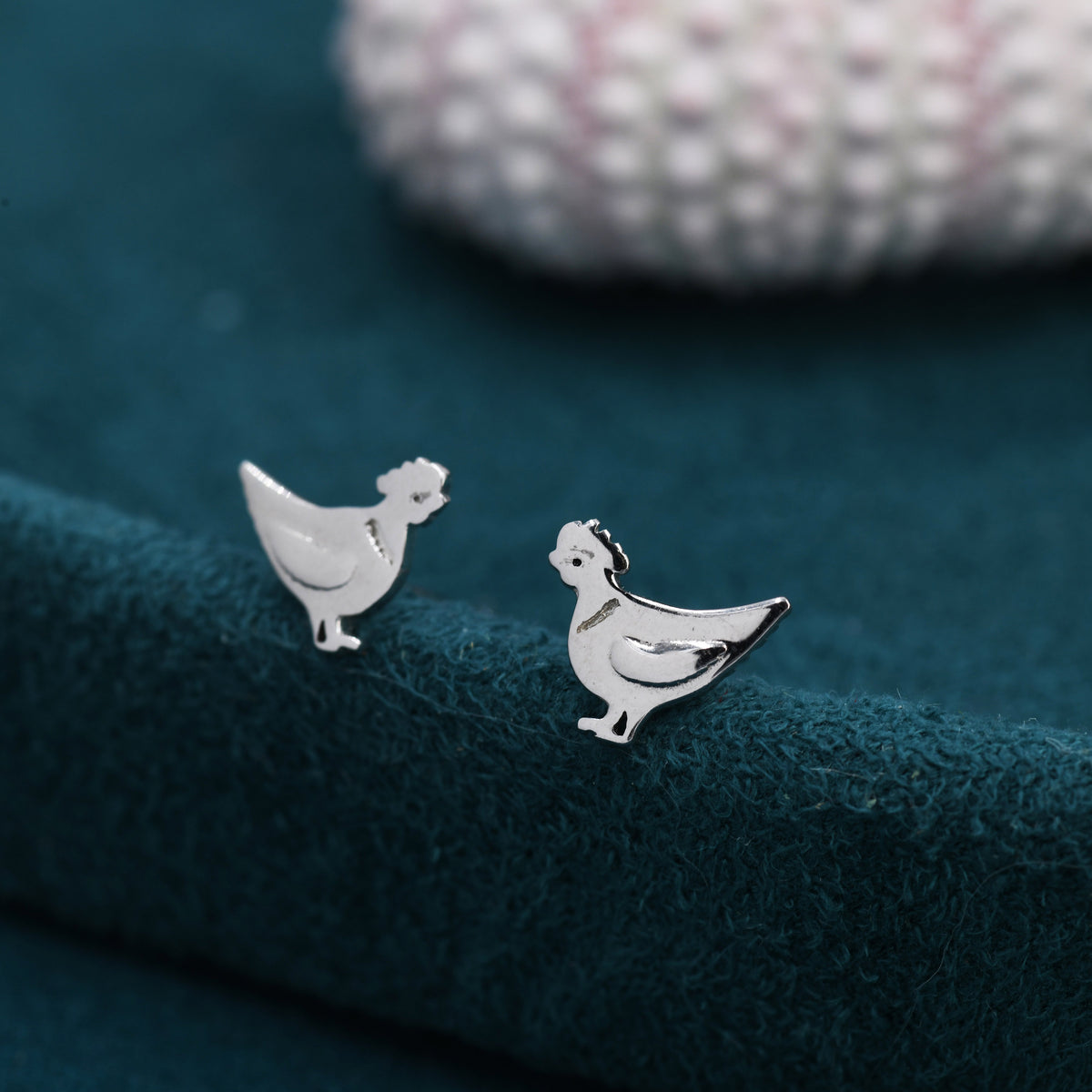 Chicken Stud Earrings in Sterling Silver, Nature Inspired Bird Earrings, Farm Animal Earrings